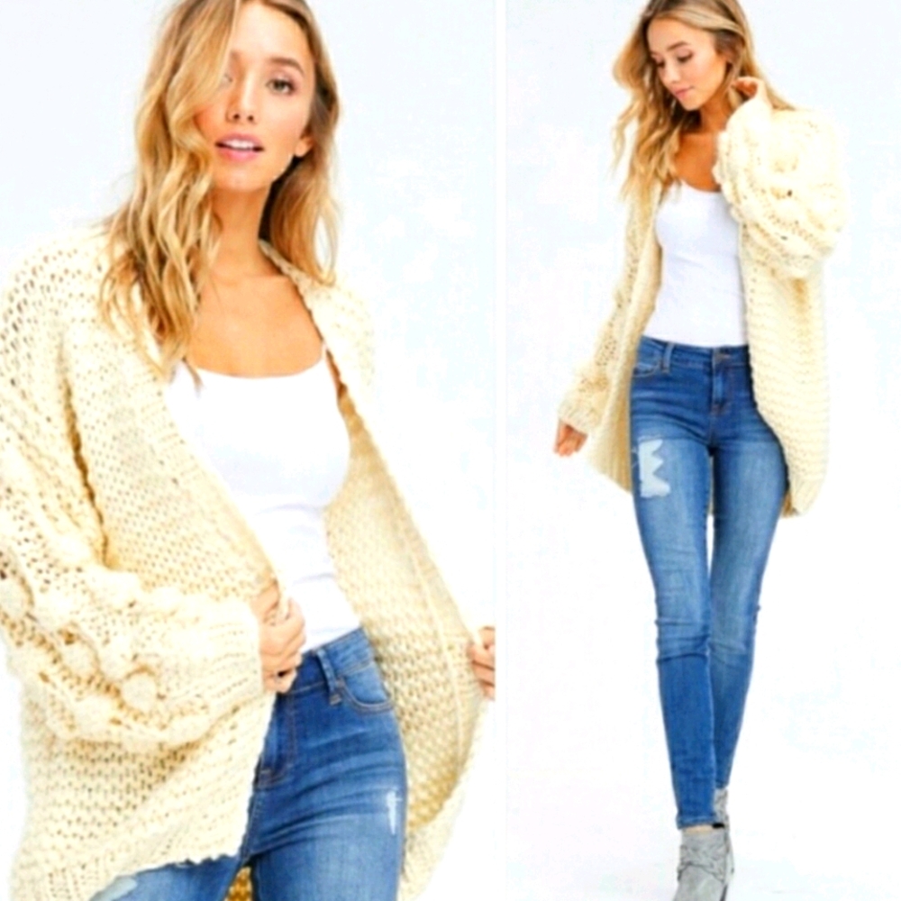 Chunky Cream Open-Front Cable Sleeve Cardigan Sweater